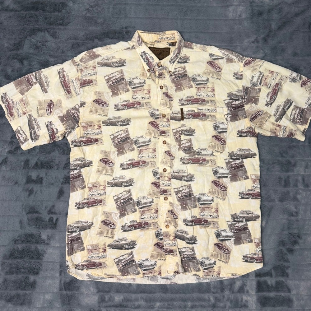 North River Mens Classic Car Newspaper Print Button Down Shirt Tan Cotton Large
